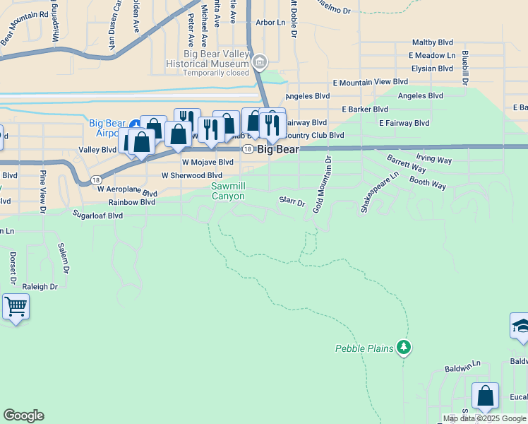 map of restaurants, bars, coffee shops, grocery stores, and more near 2 West Rainbow Boulevard in Big Bear