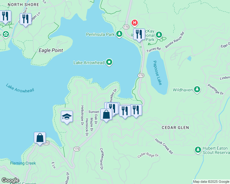 map of restaurants, bars, coffee shops, grocery stores, and more near 28956 Palisades Drive in Lake Arrowhead