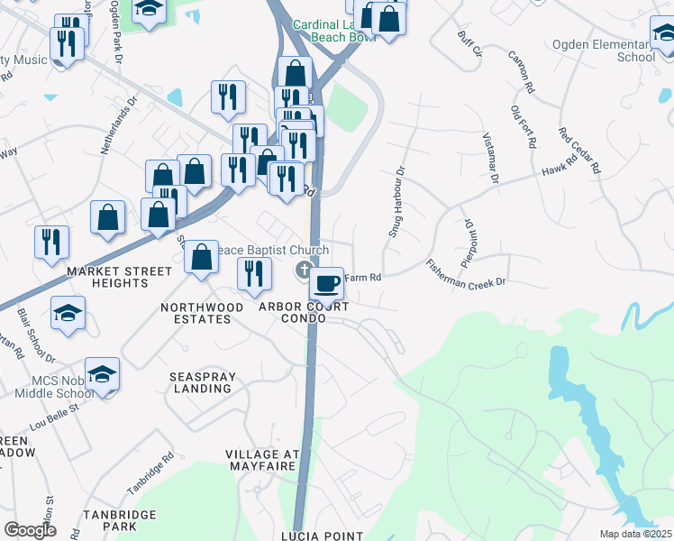 map of restaurants, bars, coffee shops, grocery stores, and more near 327 Halyard Court in Wilmington