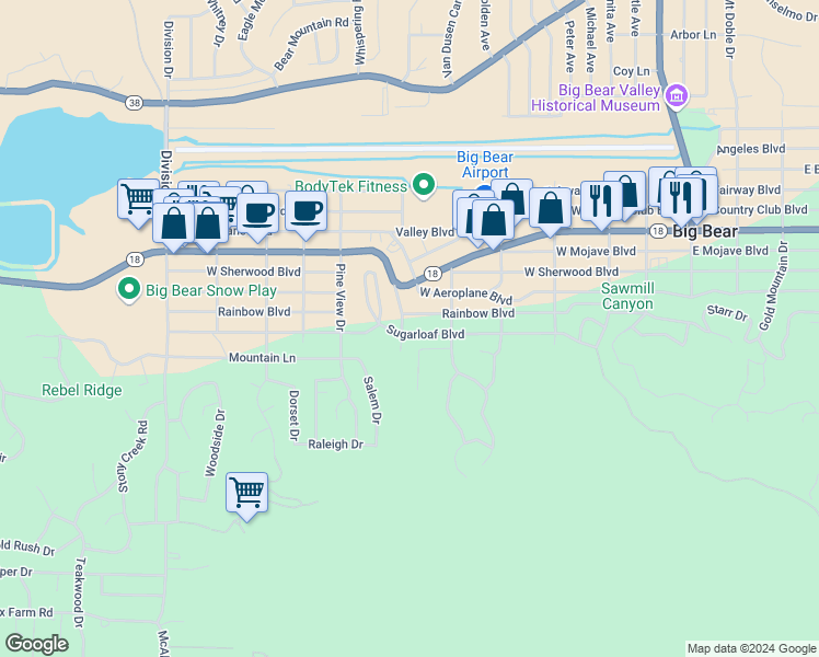 map of restaurants, bars, coffee shops, grocery stores, and more near 637 Sugarloaf Boulevard in Big Bear