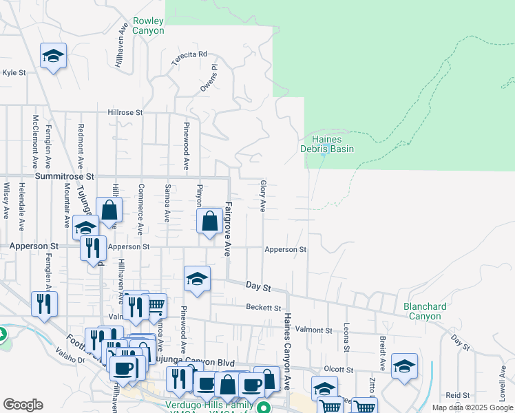 map of restaurants, bars, coffee shops, grocery stores, and more near 10413 Glory Avenue in Los Angeles