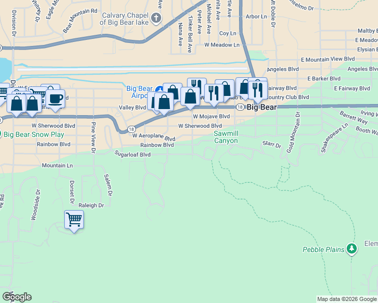 map of restaurants, bars, coffee shops, grocery stores, and more near 405 Sugarloaf Boulevard in Big Bear