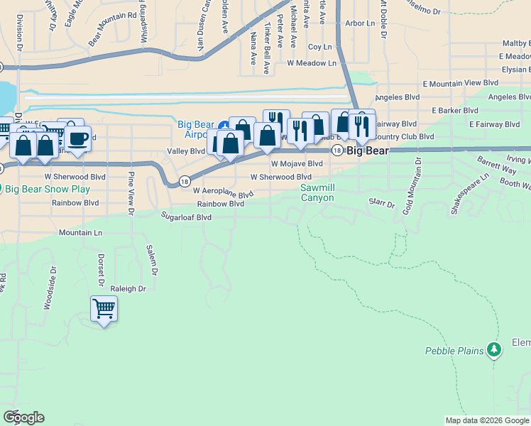 map of restaurants, bars, coffee shops, grocery stores, and more near 405 Sugarloaf Boulevard in Big Bear