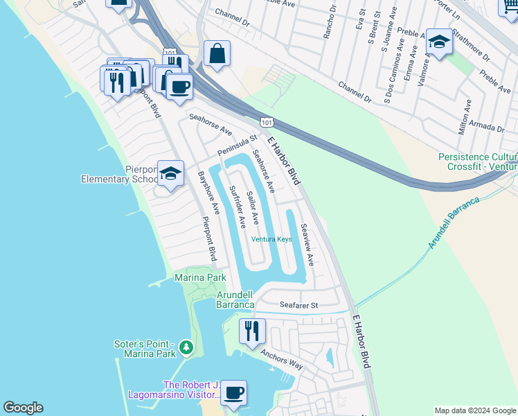 map of restaurants, bars, coffee shops, grocery stores, and more near 2850 Sailor Avenue in Ventura