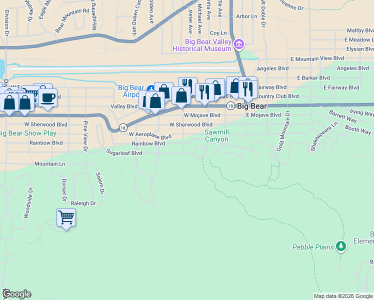 map of restaurants, bars, coffee shops, grocery stores, and more near 313 Sugarloaf Boulevard in Big Bear