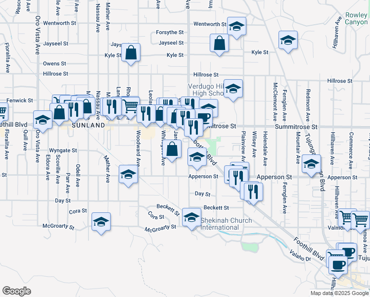 map of restaurants, bars, coffee shops, grocery stores, and more near 10426 Jardine Avenue in Los Angeles