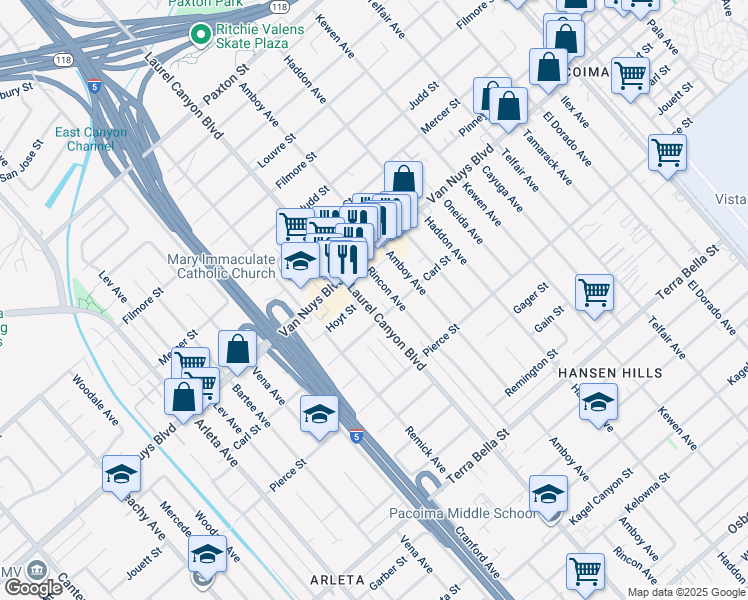 map of restaurants, bars, coffee shops, grocery stores, and more near 10365 Rincon Avenue in Los Angeles