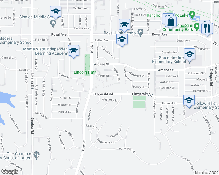 map of restaurants, bars, coffee shops, grocery stores, and more near 1113 Catlin Circle in Simi Valley