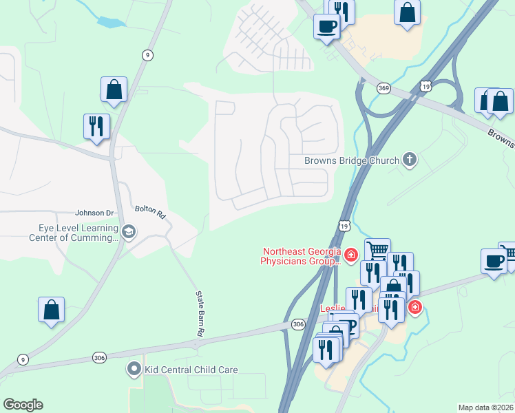 map of restaurants, bars, coffee shops, grocery stores, and more near 4540 Roseman Trail in Cumming