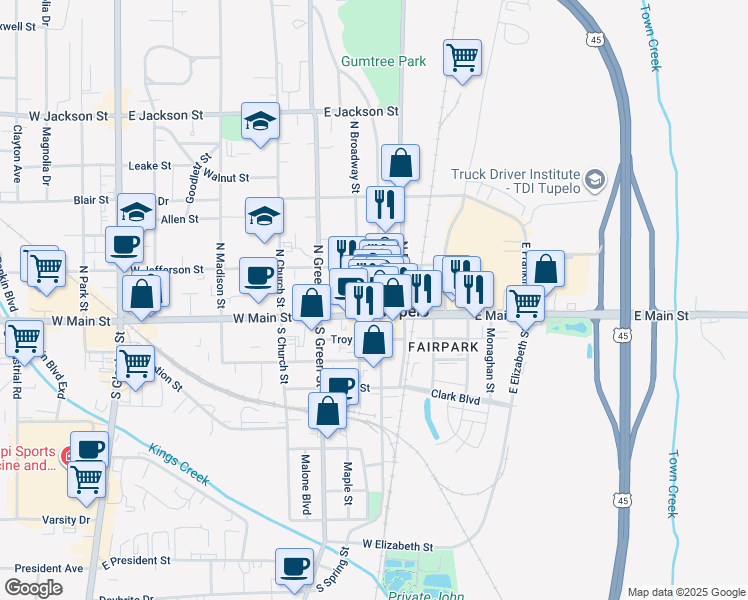 map of restaurants, bars, coffee shops, grocery stores, and more near 202 North Spring Street in Tupelo