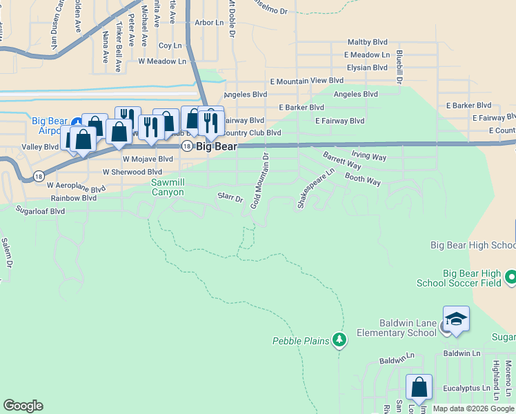 map of restaurants, bars, coffee shops, grocery stores, and more near 420 Gold Mountain Drive in Big Bear