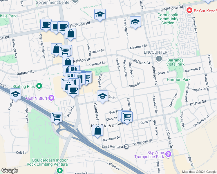 map of restaurants, bars, coffee shops, grocery stores, and more near 6310 Canary Street in Ventura