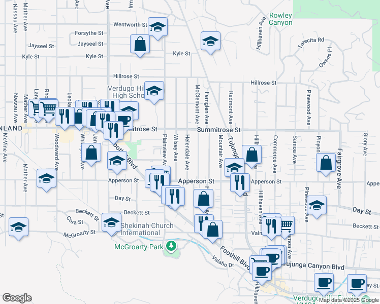 map of restaurants, bars, coffee shops, grocery stores, and more near 10408 Helendale Avenue in Los Angeles