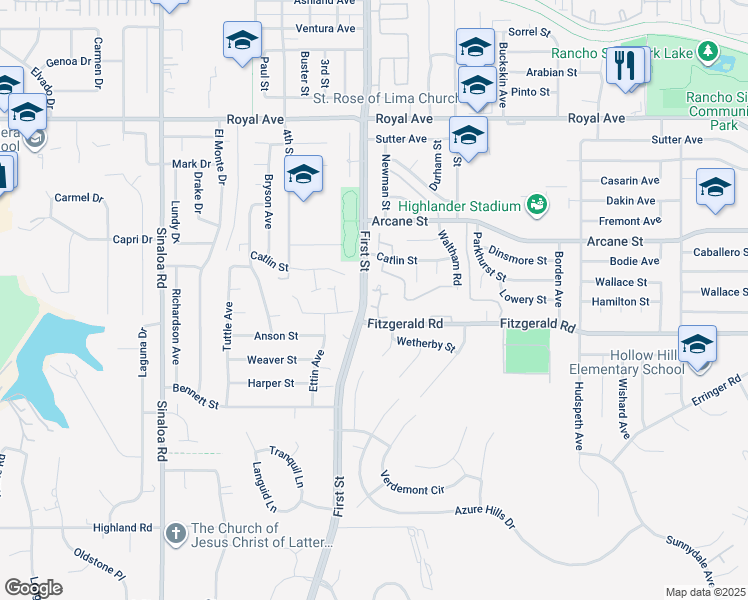 map of restaurants, bars, coffee shops, grocery stores, and more near 1125 Fitzgerald Road in Simi Valley