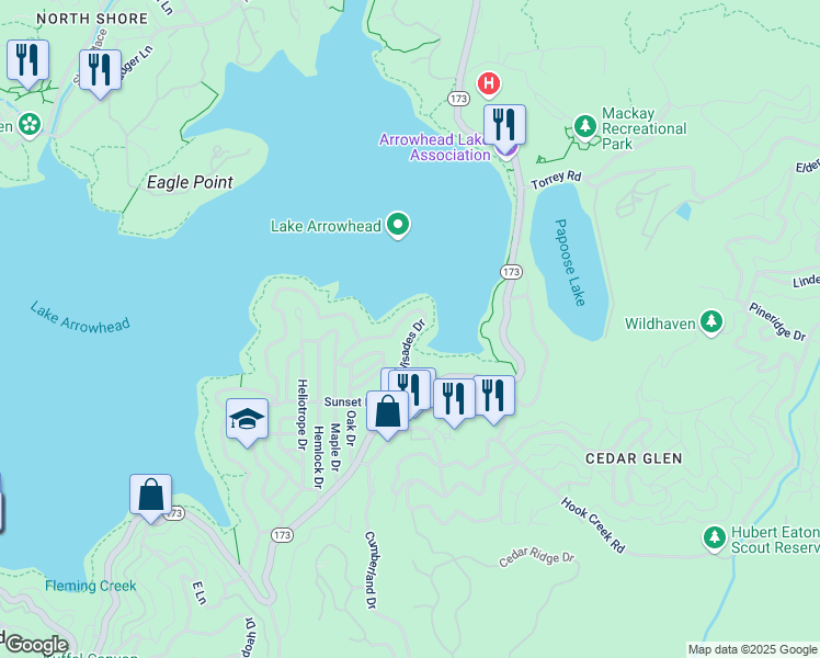 map of restaurants, bars, coffee shops, grocery stores, and more near 28940 Palisades Drive in Lake Arrowhead