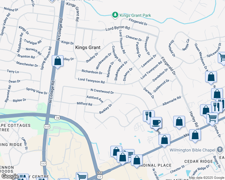 map of restaurants, bars, coffee shops, grocery stores, and more near 401 North Crestwood Drive in Wilmington