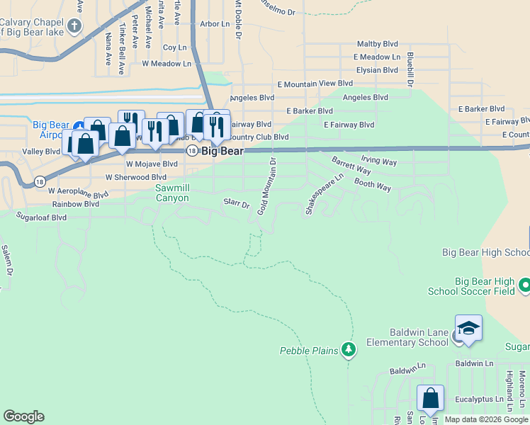 map of restaurants, bars, coffee shops, grocery stores, and more near 420 Gold Mountain Drive in Big Bear