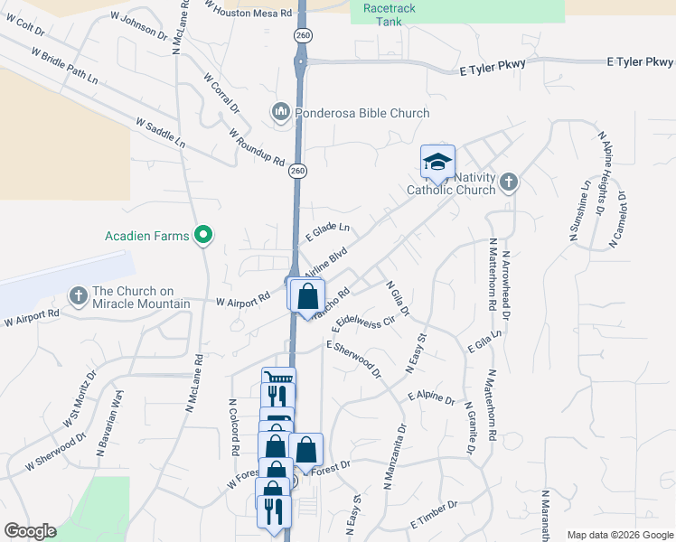 map of restaurants, bars, coffee shops, grocery stores, and more near 200-214 Airline Boulevard in Payson