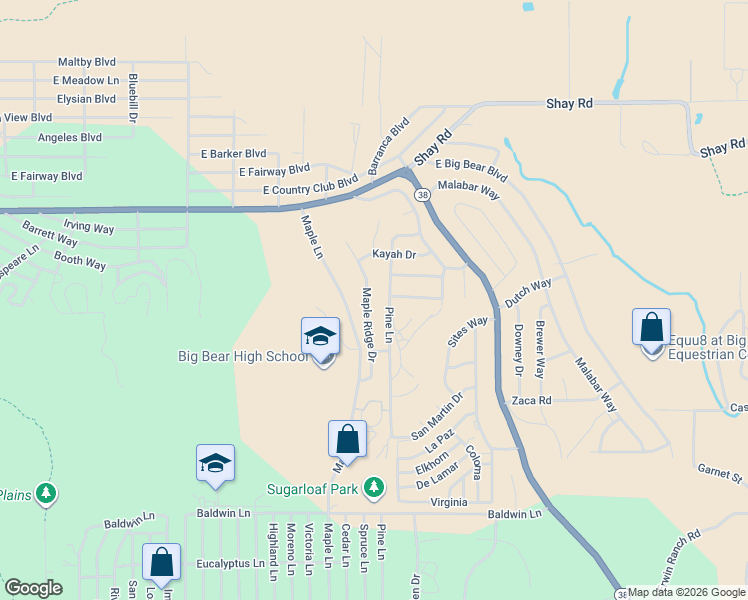 map of restaurants, bars, coffee shops, grocery stores, and more near 265 Pine Lane in Big Bear