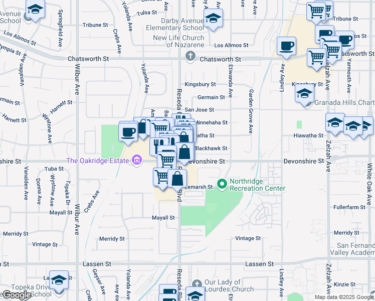 map of restaurants, bars, coffee shops, grocery stores, and more near 10340 2/1 Reseda Boulevard in Los Angeles