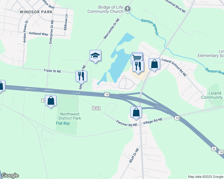 map of restaurants, bars, coffee shops, grocery stores, and more near 1107 Jordan Lake Court in Leland