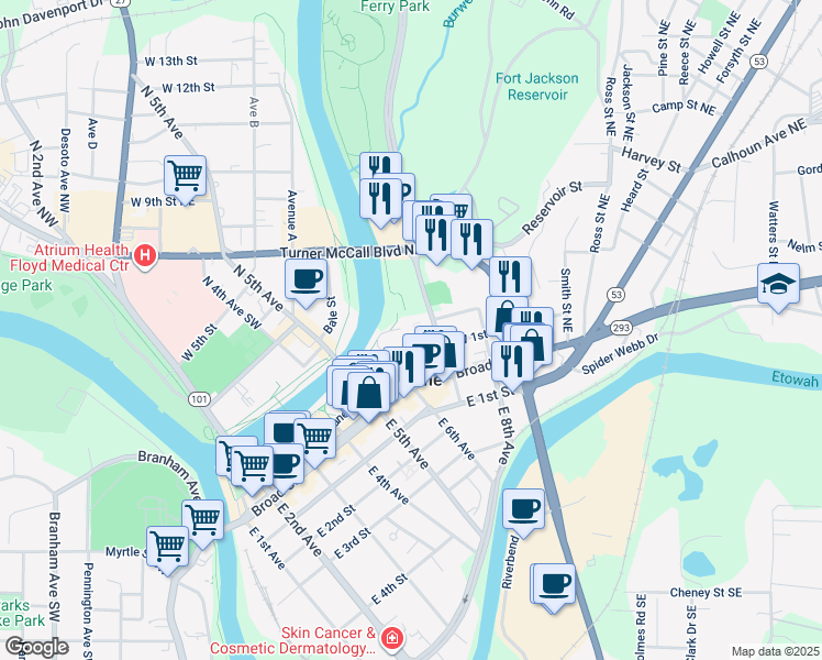 map of restaurants, bars, coffee shops, grocery stores, and more near 205 Riverside Parkway Northeast in Rome