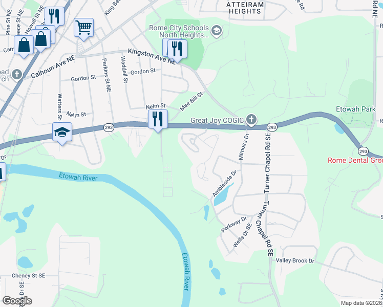 map of restaurants, bars, coffee shops, grocery stores, and more near 2301 Village Boulevard in Rome