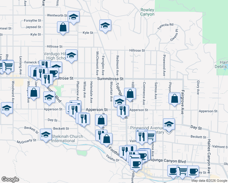 map of restaurants, bars, coffee shops, grocery stores, and more near 10410 Mountair Avenue in Los Angeles
