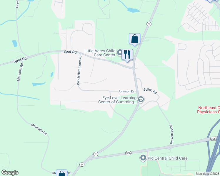 map of restaurants, bars, coffee shops, grocery stores, and more near 2930 Bailey Drive in Cumming