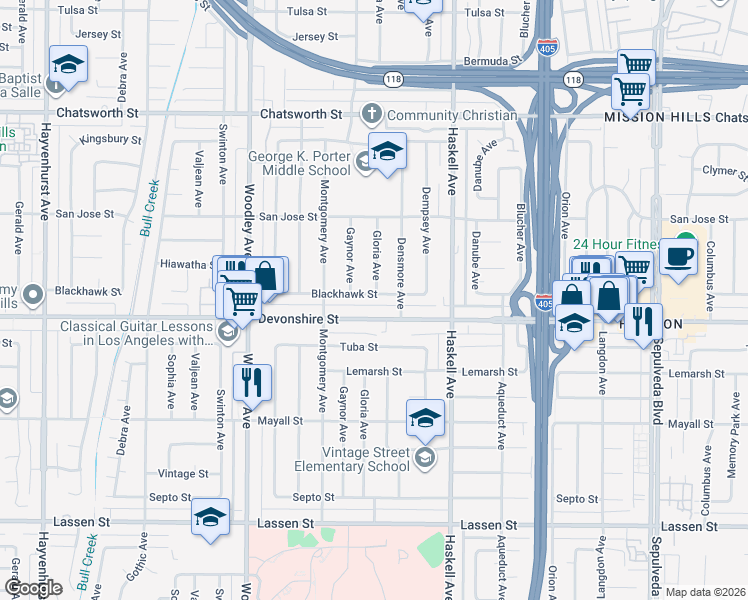 map of restaurants, bars, coffee shops, grocery stores, and more near 15928 Blackhawk Street in Los Angeles