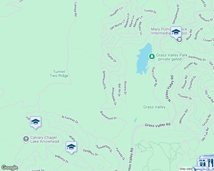 map of restaurants, bars, coffee shops, grocery stores, and more near 2 Brentwood Drive in Lake Arrowhead