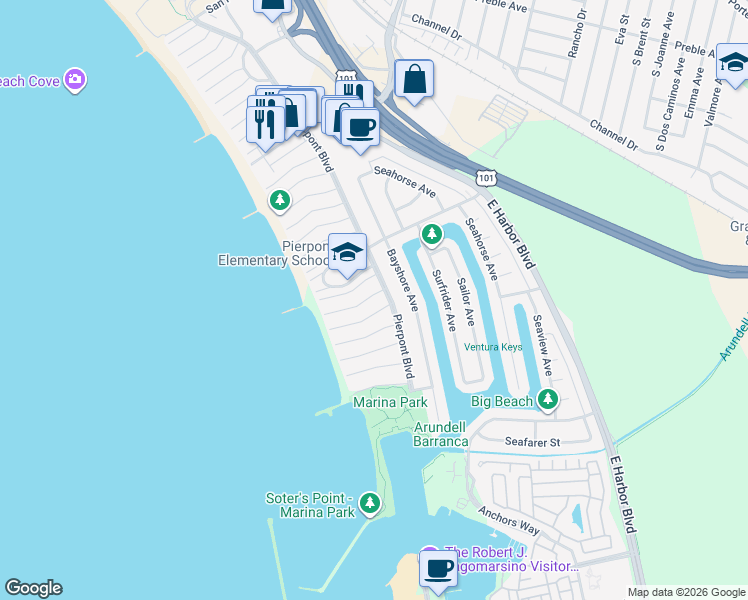 map of restaurants, bars, coffee shops, grocery stores, and more near 1238 Devon Lane in Ventura