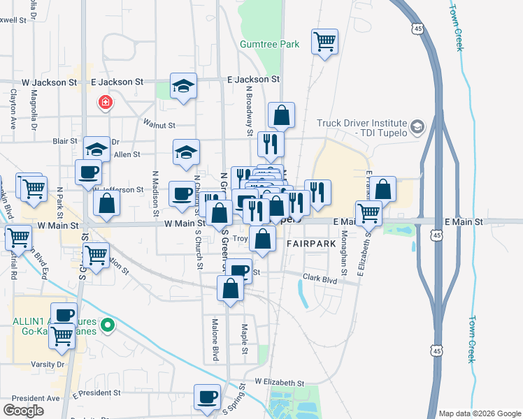 map of restaurants, bars, coffee shops, grocery stores, and more near 201 North Broadway Street in Tupelo