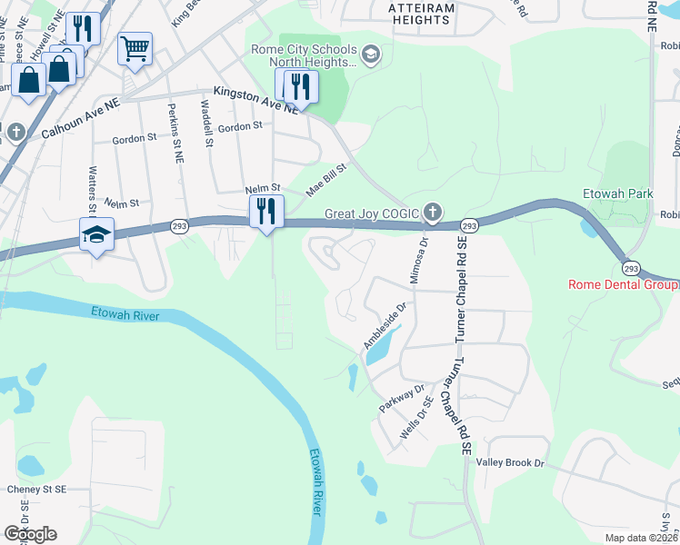map of restaurants, bars, coffee shops, grocery stores, and more near 110 Carriage Way Southeast in Rome