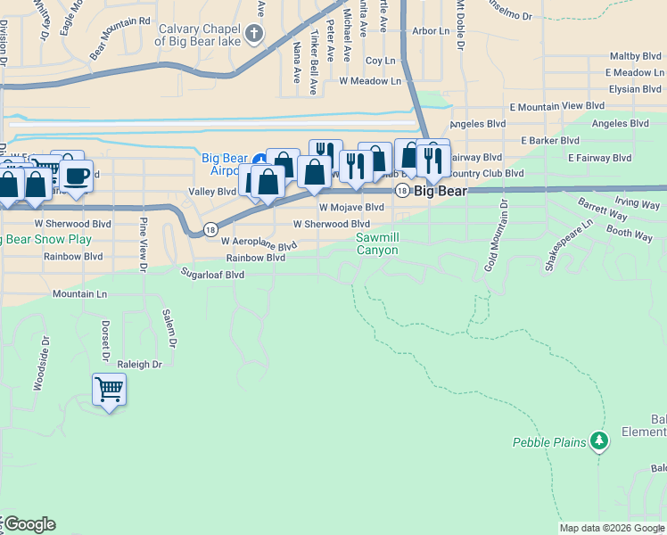 map of restaurants, bars, coffee shops, grocery stores, and more near 321 Hilltop Lane in Big Bear