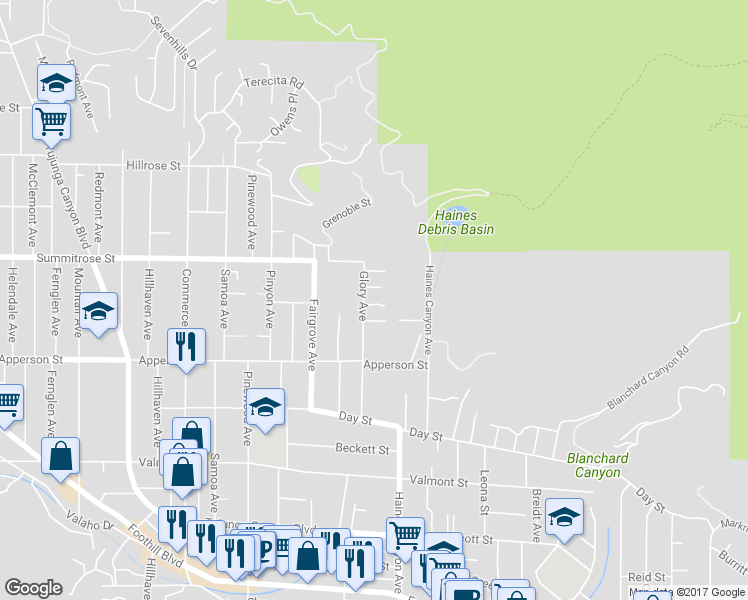 map of restaurants, bars, coffee shops, grocery stores, and more near 10416 Glory Avenue in Los Angeles