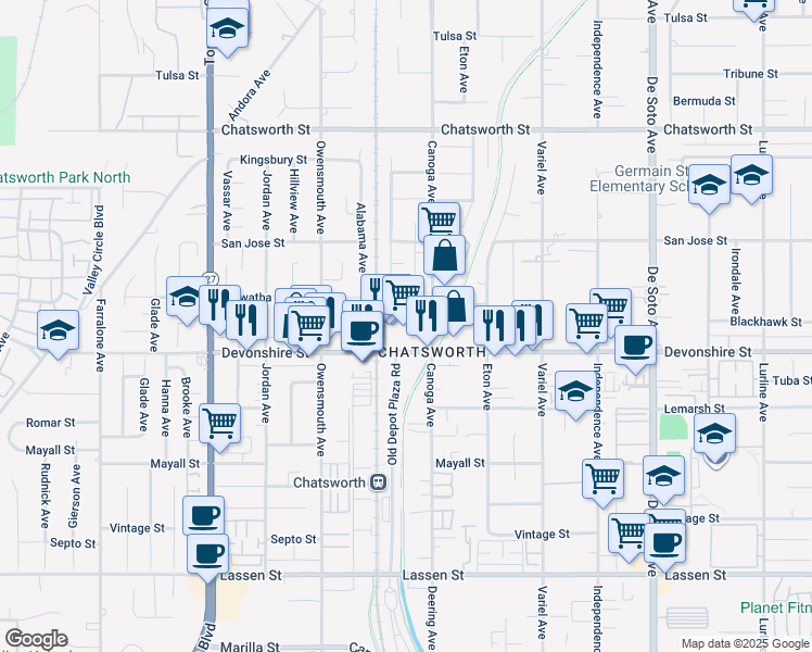 map of restaurants, bars, coffee shops, grocery stores, and more near 21511 Devonshire Street in Los Angeles