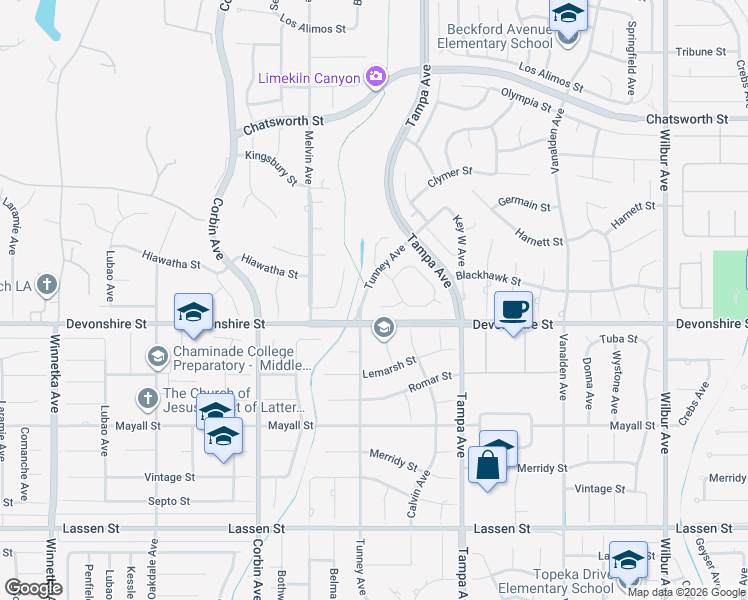 map of restaurants, bars, coffee shops, grocery stores, and more near 19451 Blackhawk Street in Los Angeles