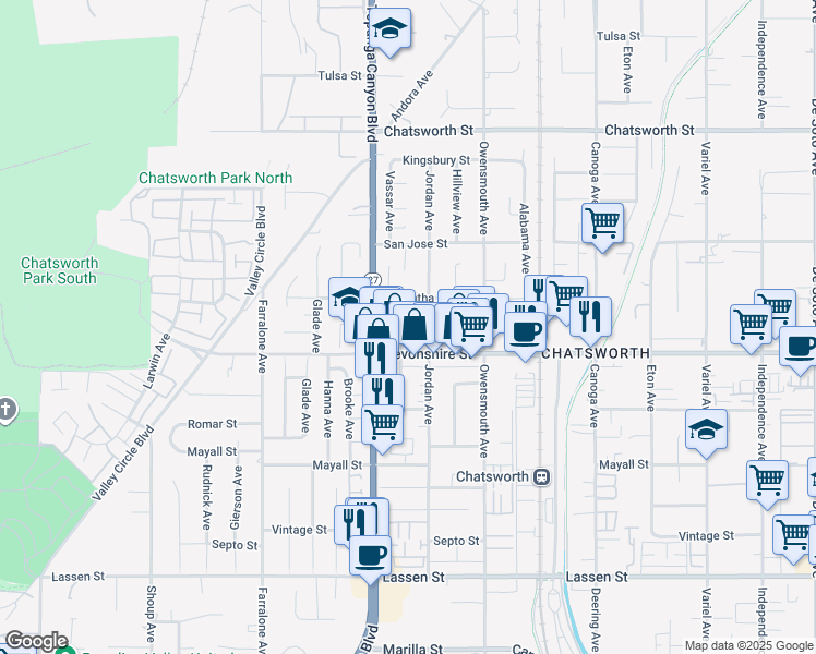 map of restaurants, bars, coffee shops, grocery stores, and more near 10337 Vassar Avenue in Los Angeles