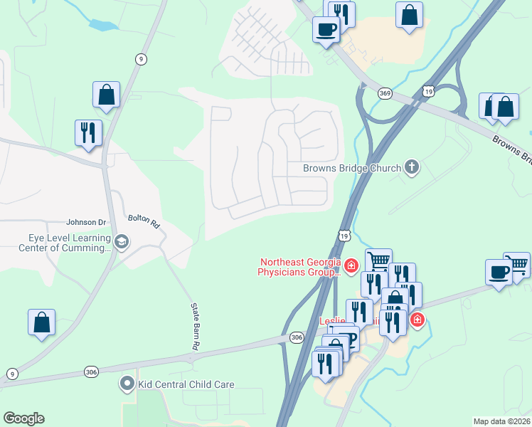 map of restaurants, bars, coffee shops, grocery stores, and more near 4565 Roseman Trail in Cumming