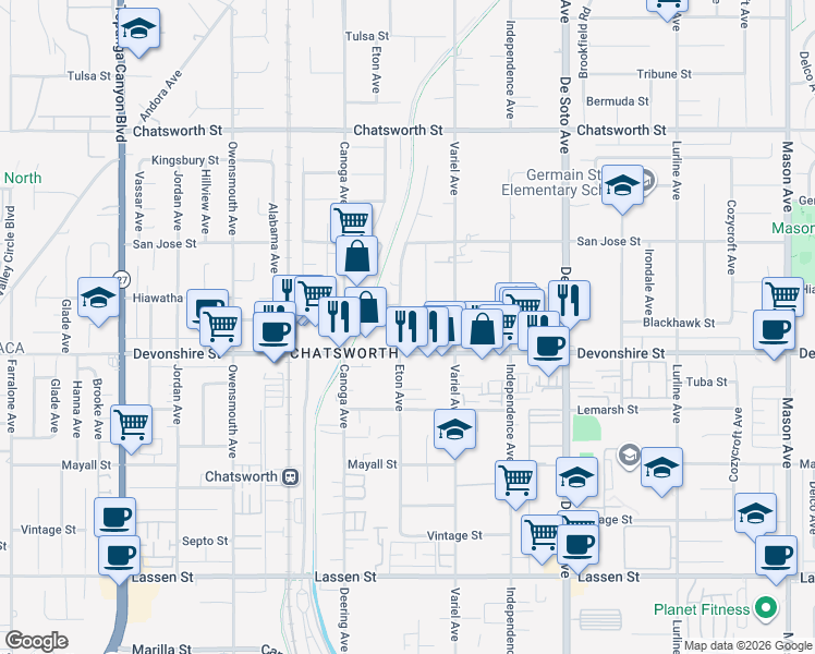map of restaurants, bars, coffee shops, grocery stores, and more near 10345 Milwood Avenue in Los Angeles