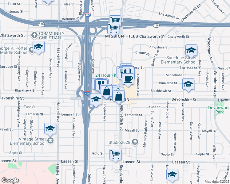map of restaurants, bars, coffee shops, grocery stores, and more near 10321 Sepulveda Boulevard in Los Angeles
