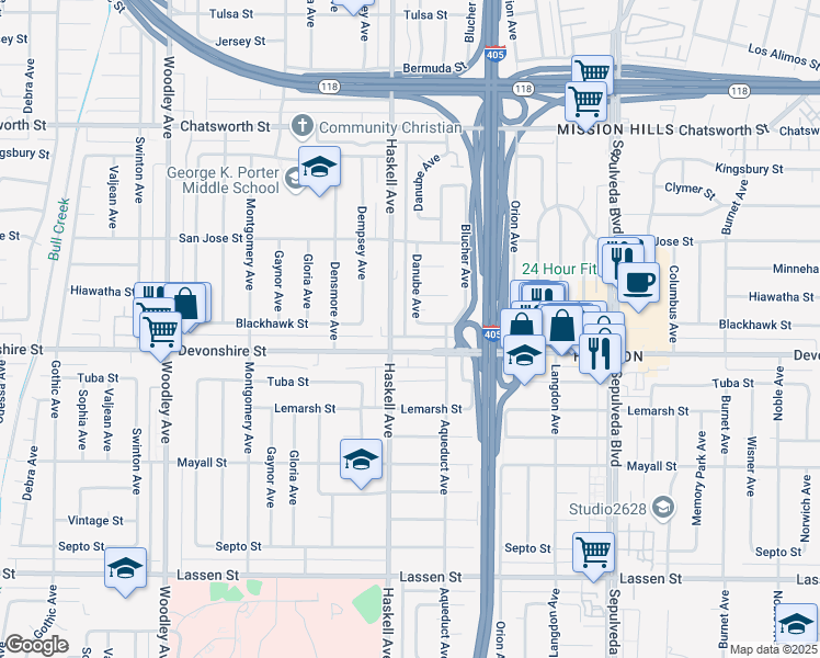 map of restaurants, bars, coffee shops, grocery stores, and more near 10336 Haskell Avenue in Los Angeles