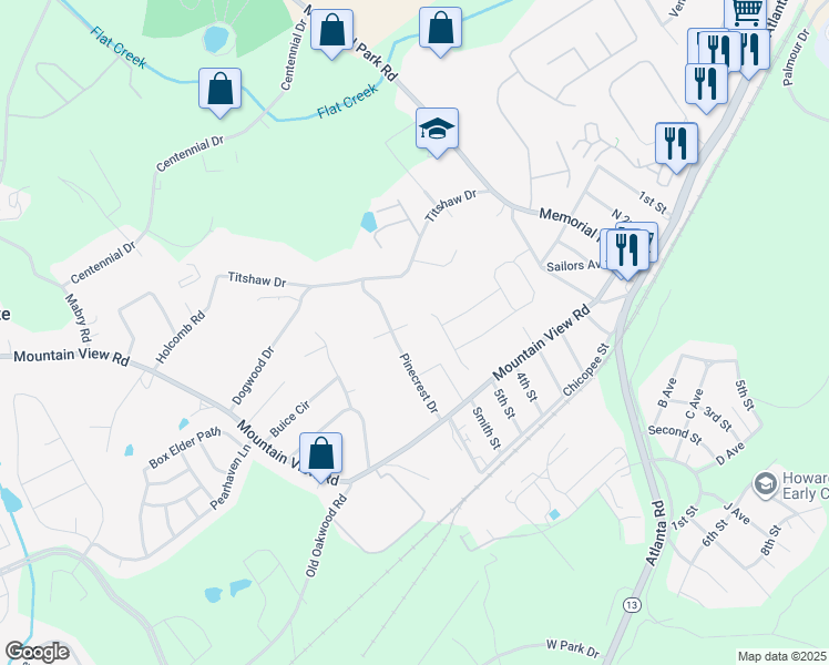 map of restaurants, bars, coffee shops, grocery stores, and more near 2721 Smith Circle in Gainesville