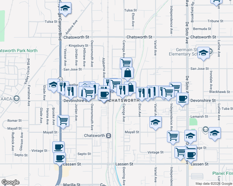 map of restaurants, bars, coffee shops, grocery stores, and more near 21413 Devonshire Street in Los Angeles