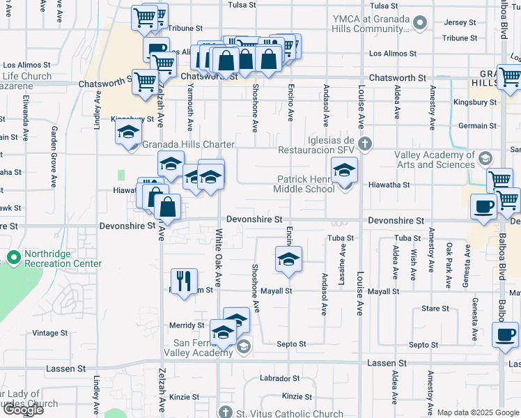 map of restaurants, bars, coffee shops, grocery stores, and more near 17559 Devonshire Street in Los Angeles