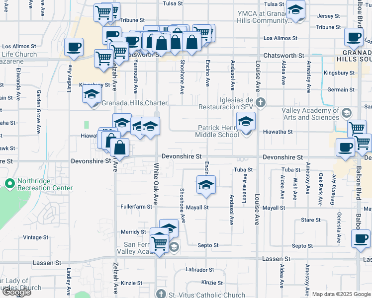 map of restaurants, bars, coffee shops, grocery stores, and more near 17559 Devonshire Street in Los Angeles