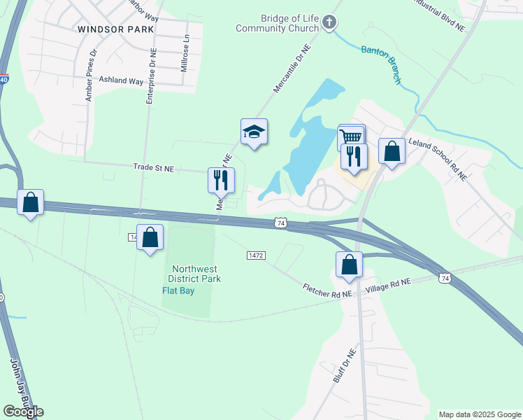 map of restaurants, bars, coffee shops, grocery stores, and more near 1129 Jordan Lake Court in Leland