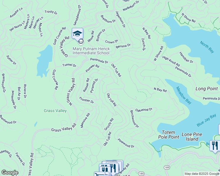 map of restaurants, bars, coffee shops, grocery stores, and more near 428 Old Toll Road in Lake Arrowhead