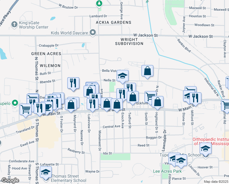map of restaurants, bars, coffee shops, grocery stores, and more near 1908 Forrest Street in Tupelo
